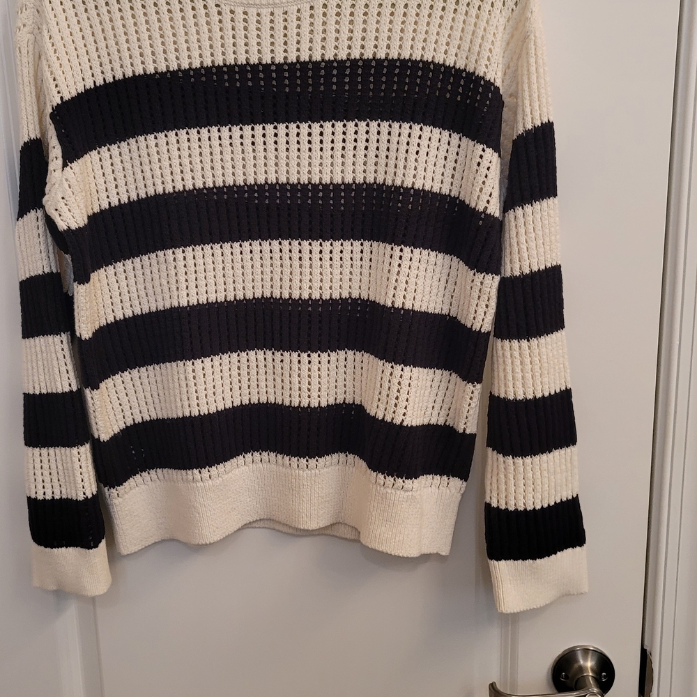 LOFT Cream And Navy Open Knit Sweater